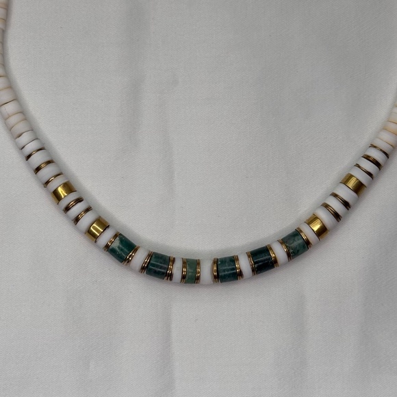 Vintage Heishe Aventurine and Quartz stone and brass necklace 17.5 inches - Picture 8 of 13